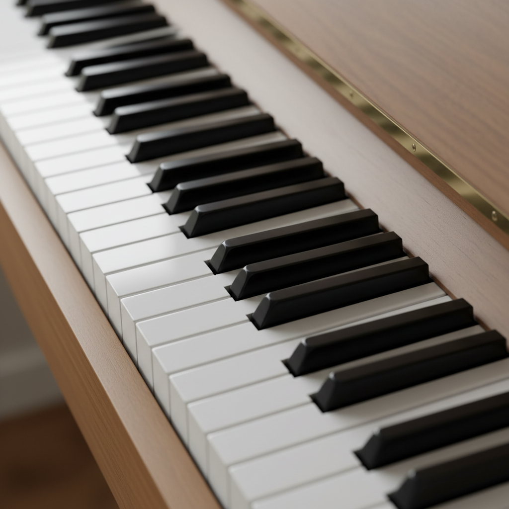 A close-up, top-down photographic view of a section of piano keys, alternating glossy black and satin white, dust-free and pristine, filling the frame from edge to edge. The keys catch soft, overcast window light from the upper left, creating subtle gradients and tiny reflections along the polished surfaces while keeping the tones gentle and low-contrast. The background is intentionally out of focus, with only a hint of warm wooden casing visible, emphasizing simplicity and calm. The composition follows a diagonal line of keys crossing the image, with a shallow depth of field that blurs toward the edges, giving a quiet, stress-relieving, almost meditative rhythm to the scene, in a clean, minimalist photographic realism style.