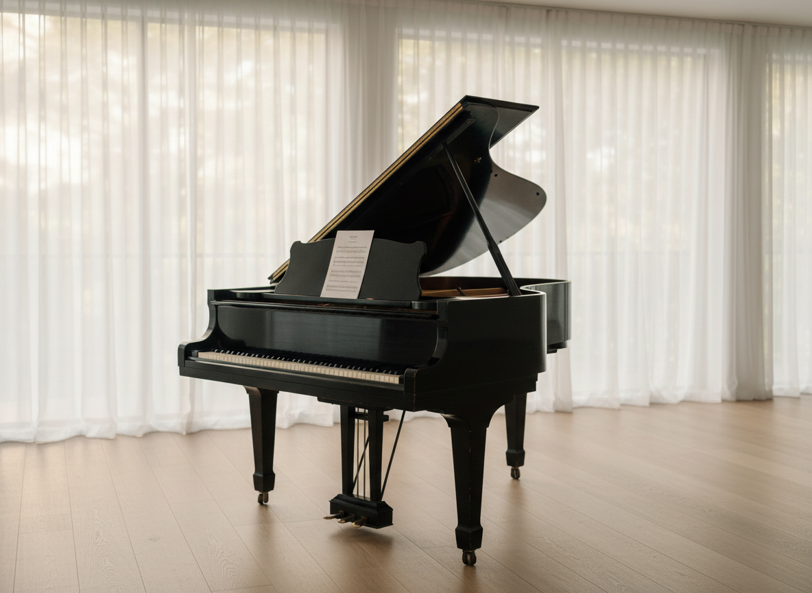 A polished ebony grand piano with its lid half open, glossy surface softly reflecting light, sits alone in a spacious, minimalist living room. The piano’s ivory keys form a clean, inviting line, and a single sheet of blank music rests on the stand. Floor-to-ceiling windows behind it reveal only a blurred suggestion of trees, keeping the focus on the instrument. Late afternoon natural light pours in, diffused through sheer white curtains, creating gentle highlights on the piano’s curves and subtle shadows on the pale wooden floor. Photographed at eye level with a slight angle toward the keys, using a shallow depth of field to create a calm, advertisement-free, stress-relieving atmosphere in a clean, photographic realism style.