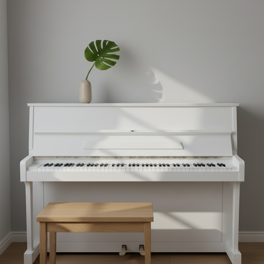 A compact upright piano in matte white wood with simple, unadorned panels stands against a smooth, light gray wall in a cozy studio corner. The keys are perfectly aligned, and the fallboard is open, revealing a soft, warm beige felt strip above the keys. On top of the piano sits a tiny, minimalist ceramic vase with a single green leaf, adding a playful touch without clutter. Soft morning light filters in from an unseen nearby window, casting gentle, elongated shadows across the wall and the narrow oak bench. Captured with a centered composition and moderate depth of field, the photographic style feels calm, chill, and pure, echoing the simplicity and ad-free comfort of focused piano listening.